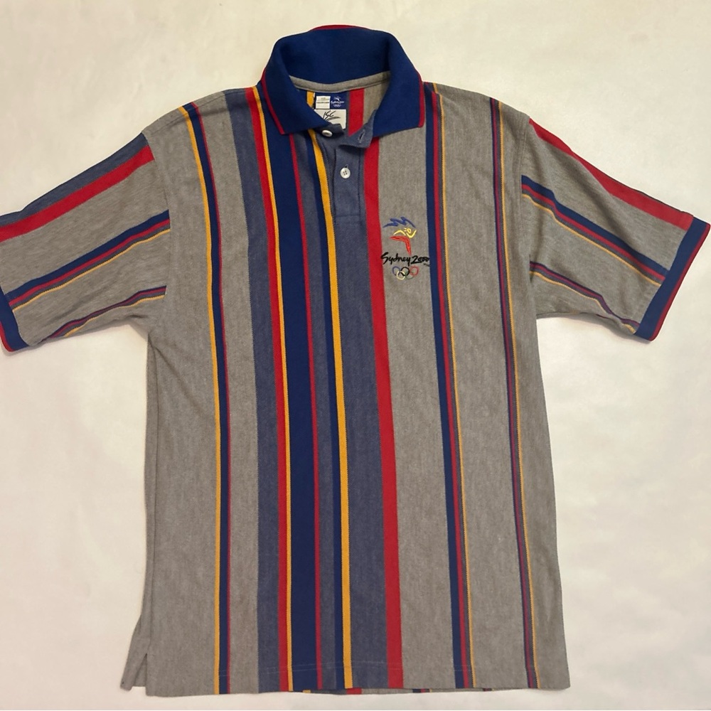 Sydney 2000 Olympics Mens Polo Activewear Jersey Gray Striped Size L Vintage